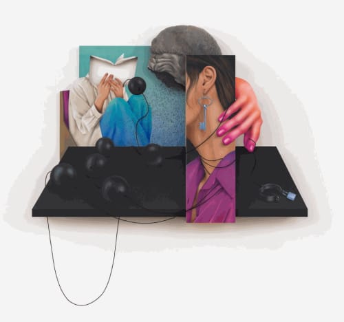 Arghavan Khosravi, Black Rain, 2021. Acrylic and cement on cotton canvas wrapped over shaped wood panel, wood cutout, elastic cord, 51 ½ x 72 x 8 in. Courtesy of the artist.