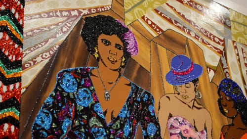 Mickalene Thomas' Girlfriends and Lovers was inspired by the Herb Green-photographed cover of the Pointer Sisters' self-titled 1973 debut album. Courtesy of Jean Marie Papoi / Ideastream Public Media