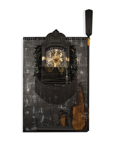 Michi Meko, The Results of Myth: Self Image is Not The Self, Wishes , 2019. Acrylic, white charcoal, fabric, gold leaf, found objects, and mixed media on canvas, 93 x 52 x 11 in. Image courtesy of the Georgia Review.