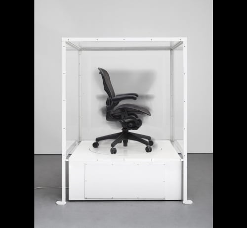 Glenn Kaino, The Siege Perilous Plexiglas and steel vitrine, painted wood, Aeron chair and electric motor