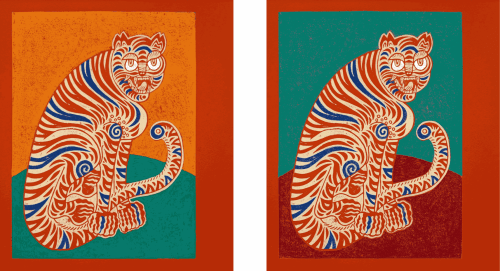L: Kour Pour, Coy Tiger (Gold and Teal), 2022. R: Kour Pour, Coy Tiger (Teal and Maroon), 2022.