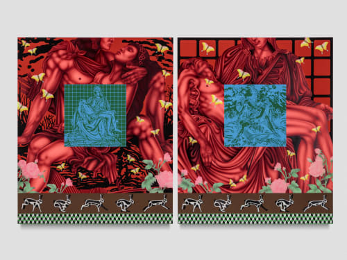 Jaime Muñoz, Tension , 2021. Acrylic, glitter and paper on panel, 72 x 180 in. Diptych, 72 x 60 in.