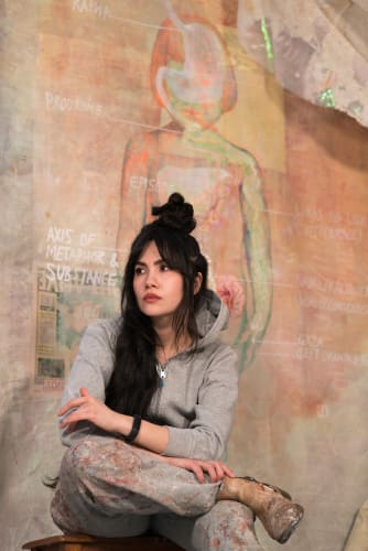 Portrait of Mandy El-Sayegh in her studio. Courtesy of the artist and Lawrie Shabibi.