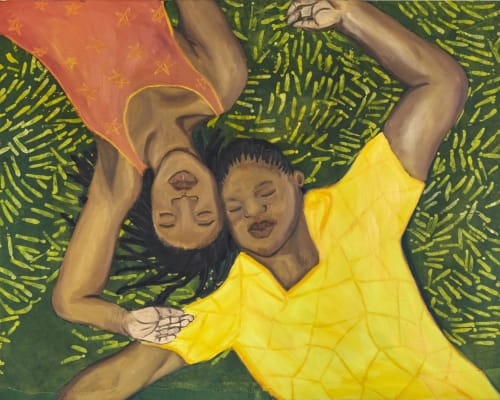 Sola Olulode. Laying In The Grass I, 2020. Ink, oil, oil pastel, oil bar, charcoal and wax on canvas. 122 x 152 cm.