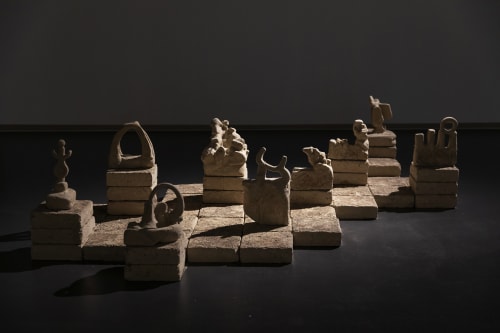 Installation view of Rand Abdul Jabbar, 'May It Be Remembered', 2023, Single channel video (sound, 7 minutes), mud sculptures, Dimensions Variable. Image courtesy of Lawrie Shabibi and the artist.