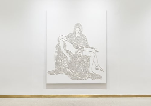 Mounir Fatmi, 'La Pietà', 2007, coaxial antenna cable on wood panel, staples, 150 x 250 cm. Image courtesy of the artist.