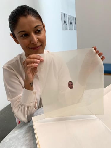 Hamra Abbas with one of her miniature works from the series Every Colour (2020)