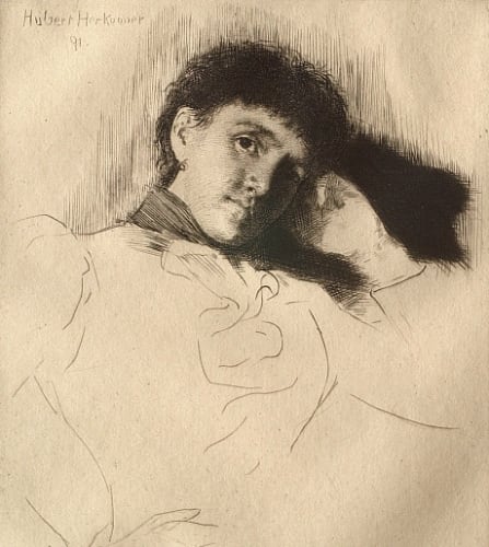 Here, Herbert von Herkomer's Study (1891), is executed in drypoint alone, illustrating the delicate nature of the drypoint line