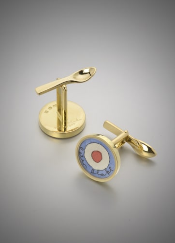 "Red Target" Cufflinks, 2008, 18k gold and watercolour on paper, unique piece in collaboration with Louisa Guinness