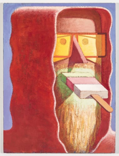 Vibrant abstract painting on canvas in shades of red, blue, yellow, pink, green and white. The painting is more of a caricature of a hooded man with a popsicle in his mouth without holding it with his hands. His head is exaggerated in a long oval shape.