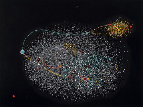 Paula Overbay's "Buoy" done with acrylic on panel in shades of black, blue, red, orange, gray and white. The painting depicts a view of the solar system. The placement of all the small particles is creating an illusion of space.