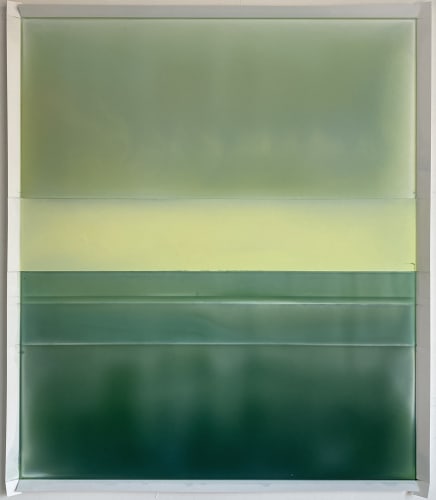 Susan English's "Cascading Folds No. 15" is tinted polymer on Yupo paper in different shades of green