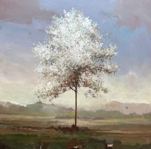 painting of a tree framed symmetrically on the canvas against a periwinkle sky.