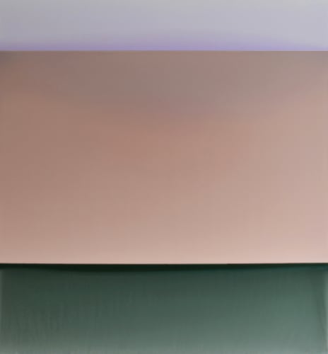 Susan English: Stage, 2017. This piece has three horizontal fields of color - periwinkle, dusty rose, then forest green.