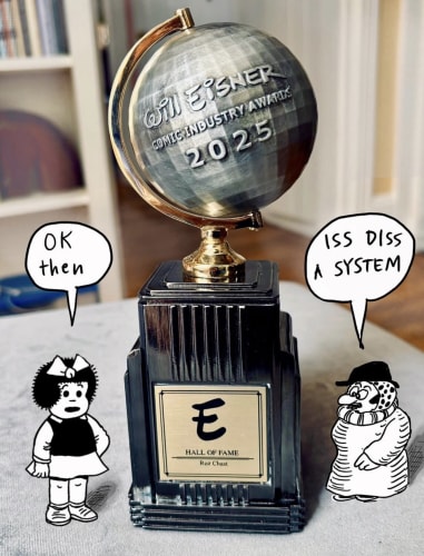 Photo of award with two cartoon figures.