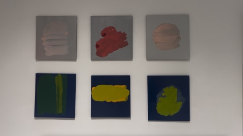 A grid of small abstract paintings by Laura Bidwa.
