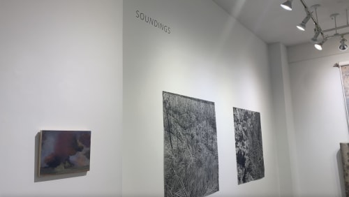 Abstract painting and two charcoal nature drawings on gallery wall