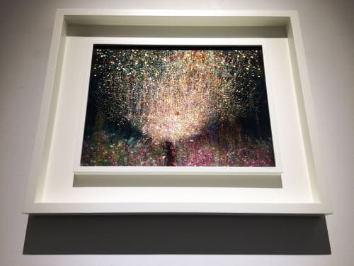 Inflorescence, 2018 by Valda Bailey, Archival pigment Print on Museum Glass, each piece of the edition individually hand finished by the artist with Lemon, Red and White Gold leaf, 30 x 40 cm glass print size in bespoke Guggenheim frame
