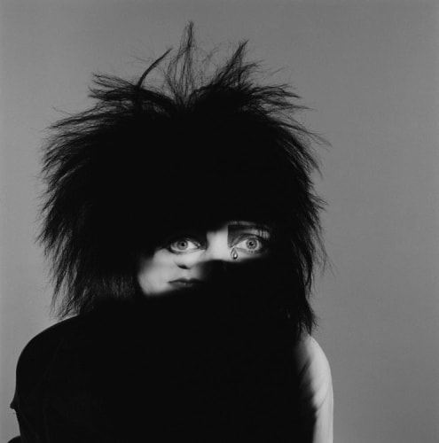 Brian Griffin, Siouxsie, woman head, eyes, tear, black and white, double exposure with eyes, 80s haircut, art print