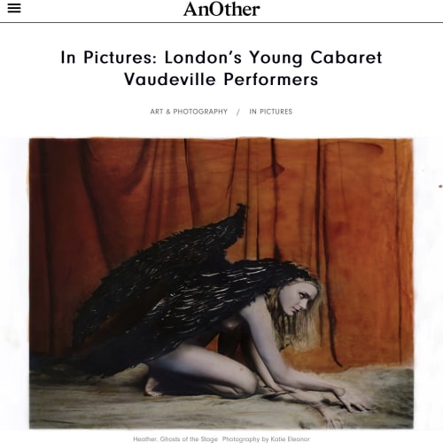 Art performer, Falling angel, nude woman with feather wings, photography feature in AnOther Magazine by Katie Eleanor