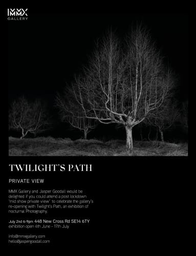 Private view invitation to MMX Gallery and Twilight's Path by Jasper Goodall