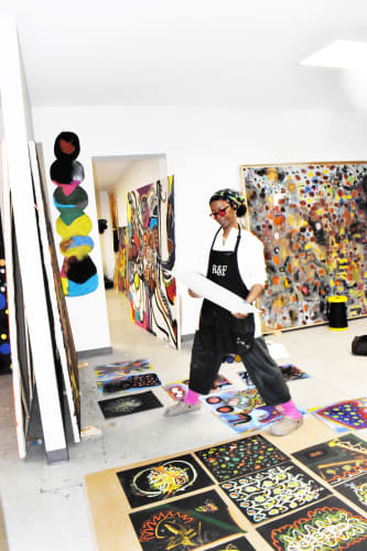 Uman in the studio, 2023 © Uman. Courtesy the artist, Hauser & Wirth, and Nicola Vassell Gallery. Photo: Luigi Cazzaniga