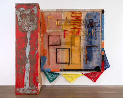 They have They Cant, 2021, hessian on aluminium frame, yarn, spray paint, concrete on cardboard, bandanas, 229 × 245 × 56 cm. Courtesy: the artist and Thaddaeus Ropac, Paris; photograph: Charles Duprat