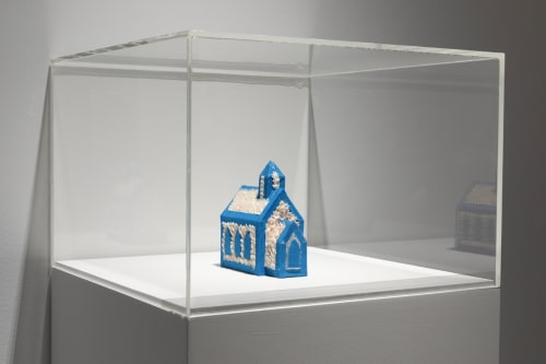 Esme Timbery and Marilyn Russell, Shellwork model of La Perouse Mission Church 2018, white shells and glitter adhered to blue cloth-covered cardboard, 200 × 185 × 96 mm