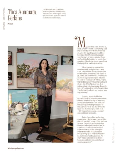 Thea Anamara Perkins: Artist Spotlight, The Arrente and Kalkadoon painter's practice encompasses portraits and landscapes, using distinctive light and colours...