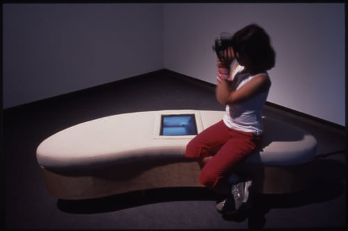 Alexandre Castonguay, Digitale (en collaboration avec Mathieu Bouchard) vue d'installation à la galerie Pierre-François Ouellette art contemporain, 2004, écran à cristaux liquides, projecteur, ordinateur, caméra et ordinateur integré à un banc conçu par l`artiste, édition de 2