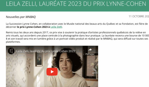 Leila Zelli lauréate 2023 du prix Lynne-Cohen