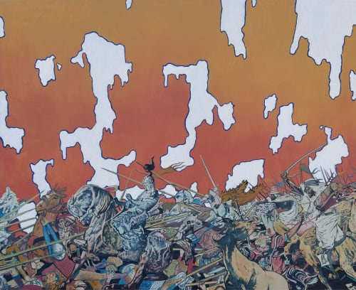 Orange sky with white clouds over a battle scene