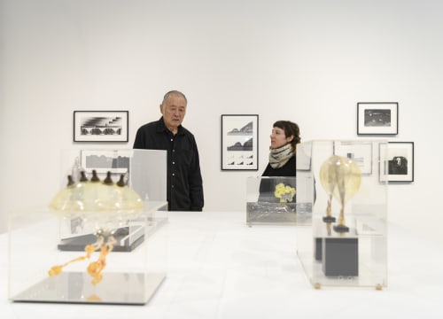 View of the exhibition, "Nature Never Loses," with artist Carl Cheng (left) and curator Alex Klein (right). Image: Constance Mensh.