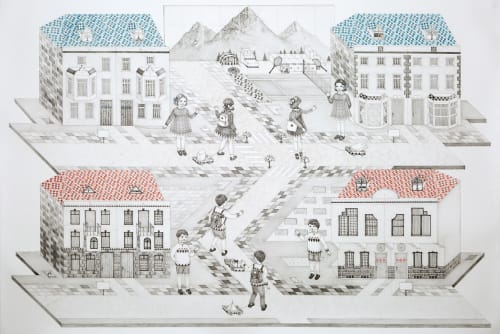 Moving day, 2018, Pencil and coloured pencil on paper, 94 x 140 cm