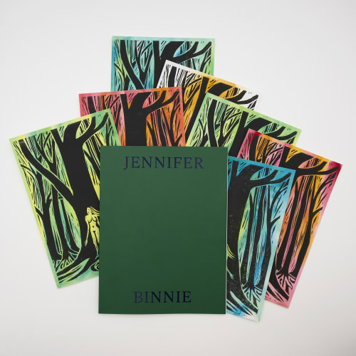 Jennifer Binnie, Woman in the Trees, 2025, Black linocut on paper with hand colouring, 25 x 17 cm, Limited signed and numbered edition of 50. Price: £ 80 (incl. free copy of publication)