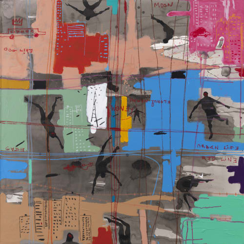 Nü Barreto, Urban Life, 2017, Acrylic, oil pastel, and paper collage on canvas, 110 x 110 cm, 43 1/4 x 43 1/4 in. (Photo credit: Véronique Drouin | Atelier 80)