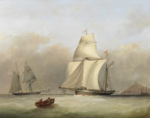 'Lord Yarborough’s brigantine Kestrel running in a stiff breeze, with the Menai making a signal off her starboard bow'