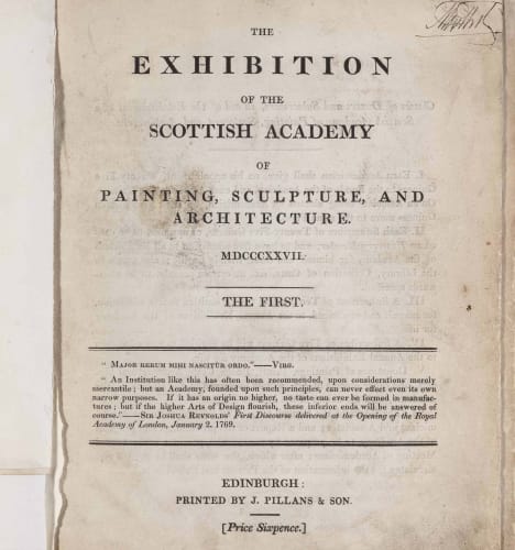 [R]SA Council, Cover of catalogue of the Inaugural Annual Exhibition of the Scottish Academy of Painting, Sculpture, and Architecture, 1827, RSA Archives