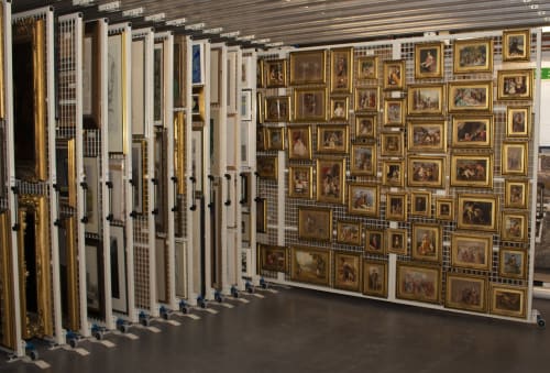 Sandy Wood, Artwork storage racks at the RSA Collections department in the Granton Art Centre showing the J F Lewis Old Masters copies, 2017, RSA Archives