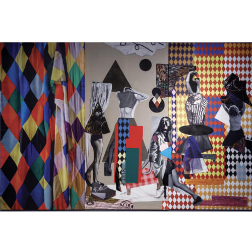 Sally Smart P.A.R.A.D.E (Modern Drama), 2021-2022 Synthetic polymer paint on canvas fabric and linen with textile collaged elements and digital printing 270cm x 405 cm (3 components each 270 x 135 cm)