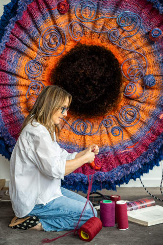 Image credit: Tammy Kanat in her studio in front of Esther, 2025. Photo: Selina Ou. Courtesy of the artist and Jewish Museum of Australia, Naarm/ Melbourne
