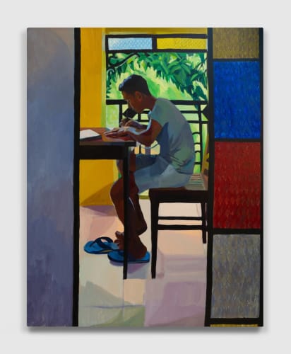 Mikey Yates, Billy Journaling in Batangas, 2021. Acrylic and oil pastel on canvas, 60 x 48 in. Collection of the Columbus Museum of Art.