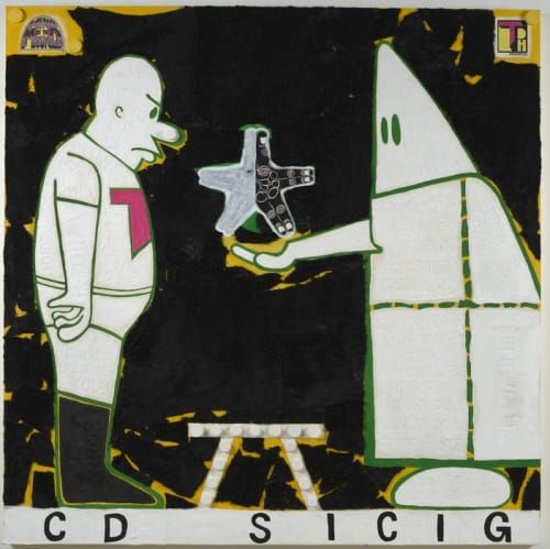 Trenton Doyle Hancock, Step and Screw: The Star of Code Switching, 2020, Acrylic, faux fur, graphite, plastic tops, and paper collage on canvas. The Jewish Museum, NY. Purchase: Arts Acquisition Committee Fund.