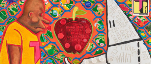 Trenton Doyle Hancock, Schlep and Screw, Knowledge Rental Pawn Exchange Service, 2017, acrylic and mixed media on canvas, 60 x 60 x 6 in. (152.4 x 152.4 x 15.2 cm). Collection of Hedy Fischer and Randy Shull, Asheville, North Carolina. © Trenton Doyle Hancock 2017.