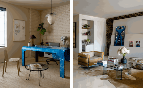 TO THE LEFT, NAZARIAN’S OFFICE WITH THE BLUE ROSS HANSEN ‘2070’ DESK, AND A RON REZEK TABLE LAMP; TO THE RIGHT, A SEATING AREA, FEATURING A LE CORBUSIER ‘LC3’ LOUNGE CHAIR AND A SHIRO KURAMATA GLASS COFFEE TABLE. ON THE WALL, TORI WRANES’ GARDEN, 2022 (LEFT), AND BRIDGET MULLEN’S STRONGMAN, BIRTHDAY SERIES #48 AND BIRTHDAY SERIES #46 (RIGHT - SEEN FROM LEFT TO RIGHT). IMAGE CREDIT: ED MUMFORD