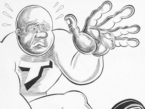 TRENTON DOYLE HANCOCK’S IN-PROGRESS GRAPHIC NOVEL, “TRENTON DOYLE HANCOCK PRESENTS THE MOUNDVERSE: CHAPTER 2 VEGANISM” (detail), 2020. (SHULAMIT NAZARIAN)