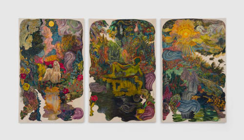 Ken Gun Min, Silverlake Dog Park (Triptych), 2022, oil paint, Korean powder, found fabric, embroidery on raw canvas, 80 x 153 inches (203.2 x 388.6 cm). Courtesy of the artist and Shulamit Nazarian, Los Angeles. Photo: Ed Mumford.