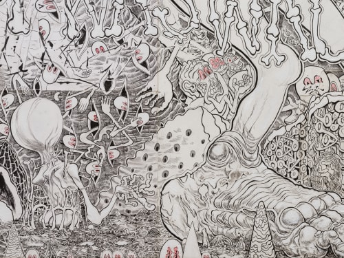 Trenton Doyle Hancock, "Vegan Suburb of Wrong" (detail), 2022. Acrylic, graphite, ink, paper and canvas collage on canvas, 30 x 40 in