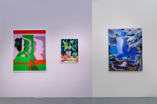 (Left to Right) Daniel Gordon, Portrait in Green, Orange, and Pink, 2021. Daniel Gordon, Fern and Fruit, 2021. Annie Lapin, See A Sol, 2023.