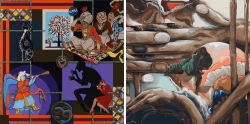 Composite image of (left) Amir H. Fallah, "No Gods No Masters," 2020. Acrylic and pencil on paper. 12 x 12 inches. And (right) Bridget Mullen, "Make Me Wavy" (detail), 2020-2022. Flashe and spray paint on linen. 40 x 60 in
